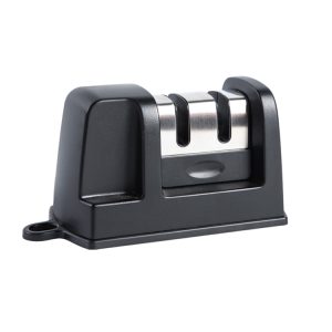 2-Stufen-Messerschärfer aus Kunststoff, Scherenschärfen aus Wolframkeramik für den Küchengebrauch mit Haken und rutschfester Basis